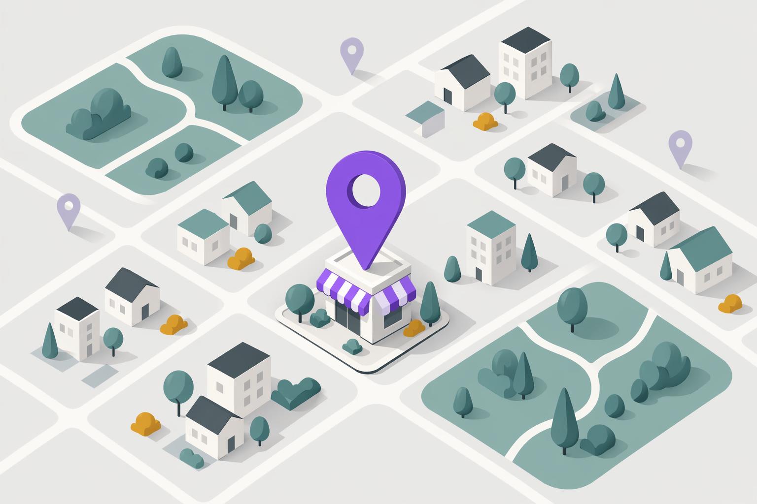 A glowing 3D location pin over an abstract map, representing being found by local customers