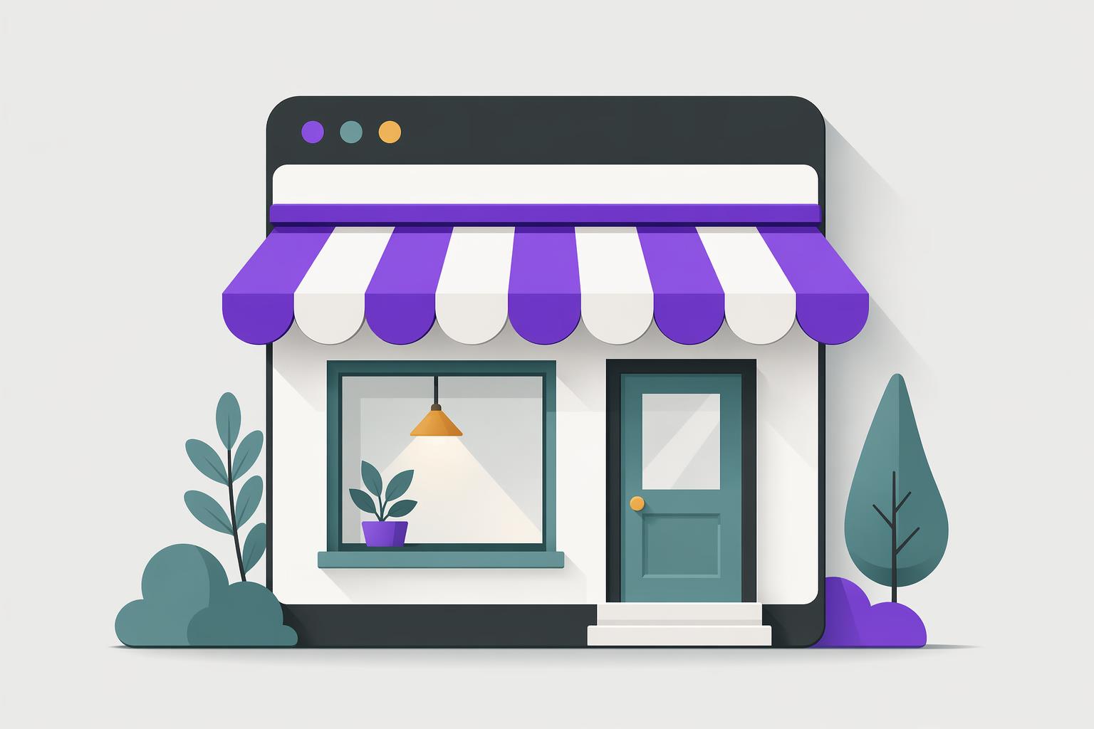 A glowing 3D illustration of a small storefront, representing a business's own website